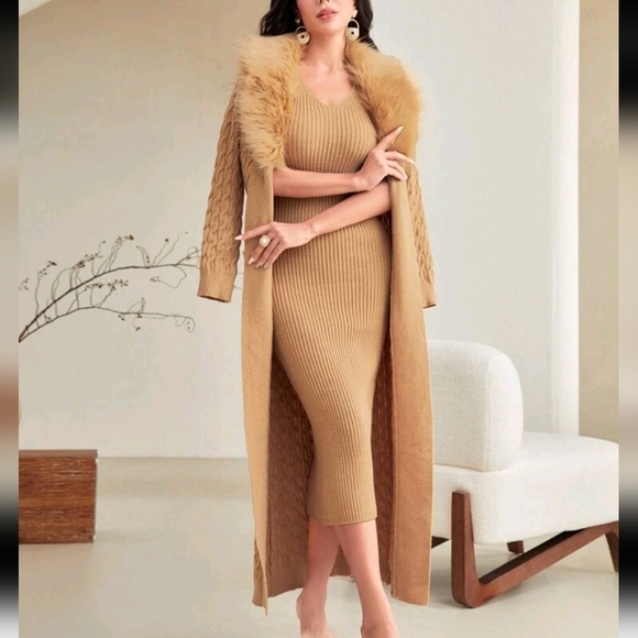 Solid Bodycon Sweater Dress & Fuzzy Trim Duster Cardigan 2 Piece Set - Picture 3 of 5